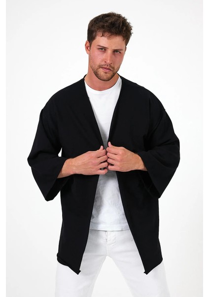Bohem Siyah Düz Kimono Oversize 2 Iplik Kumaş
