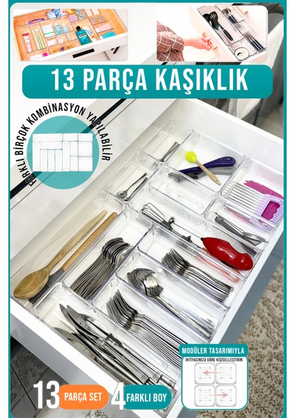 13'lü Modüler Kaşıklık ve Çekmece Içi Düzenleyici Şeffaf Organizer Iki Çekmece Kullanılabilir