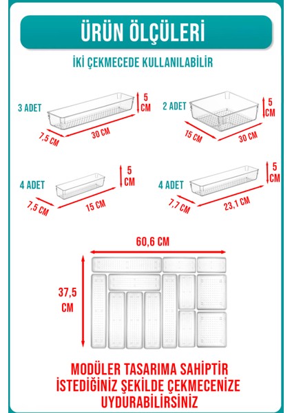 13'lü Modüler Kaşıklık ve Çekmece Içi Düzenleyici Şeffaf Organizer Iki Çekmece Kullanılabilir