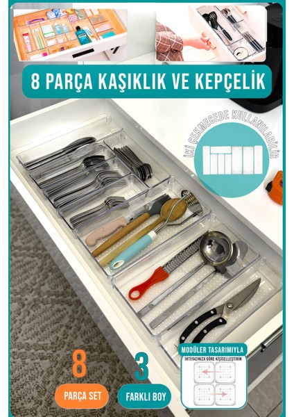 8'li Modüler Kaşıklık ve Kepçelik Düzenleyici Organizer - Iki Çekmecede Kullanılabilir