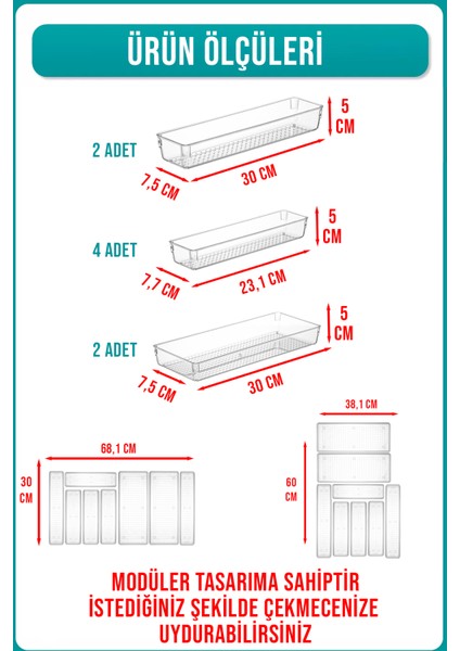 8'li Modüler Kaşıklık ve Kepçelik Düzenleyici Organizer - Iki Çekmecede Kullanılabilir