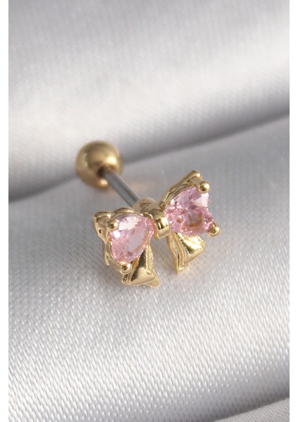 316L Çelik Gold Renk Pembe Zirkon Taşlı Fiyonk Tragus Piercing