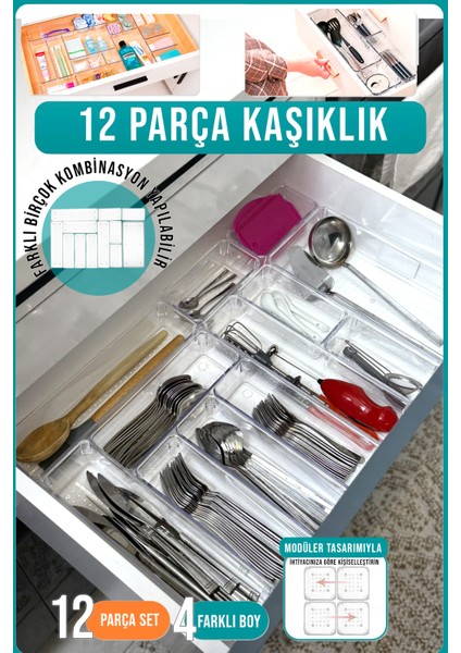 12'li Kaşık ve Kepçe Düzenleyici Modüler Organizer Çekmece Içi Düzenleyici Çift Çekmece Kullanılır Kaşıklık