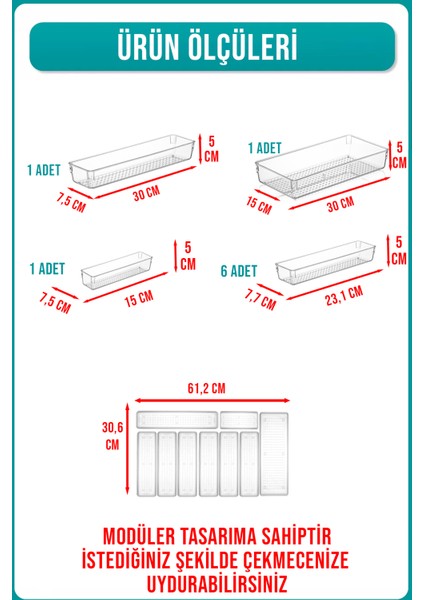 9'lu Modüler Kaşık ve Kepçe Düzenleyici Organizer Iki Çekmecede Kullanılabilir