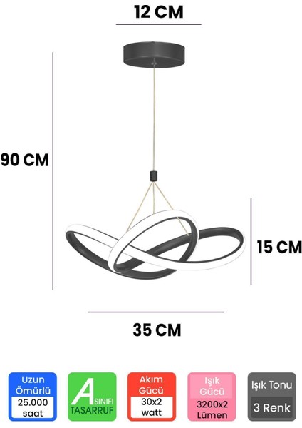 3 Renk Siyah Kumandalı Dimmerli 4 Modlu Modern Sarkıt LED Avize