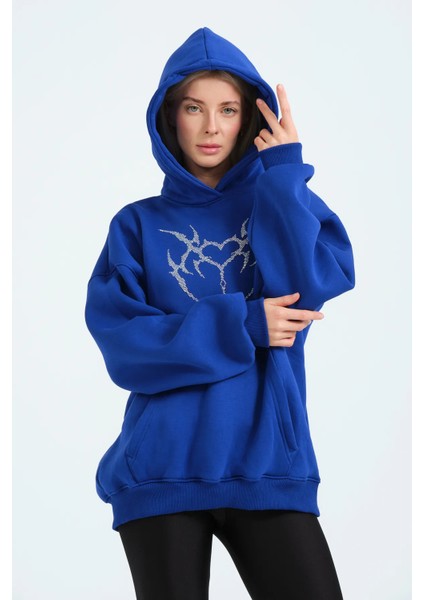 Unisex Oversize Kapüşonlu Içi Polarlı 3 Iplik Kalp Rhinestone Taş Baskılı Pamuklu Mavi Sweatshirt