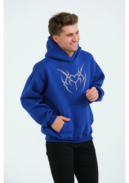 Unisex Oversize Kapüşonlu Içi Polarlı 3 Iplik Kalp Rhinestone Taş Baskılı Pamuklu Mavi Sweatshirt