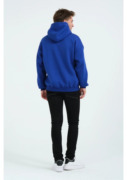 Unisex Oversize Kapüşonlu Içi Polarlı 3 Iplik Kalp Rhinestone Taş Baskılı Pamuklu Mavi Sweatshirt