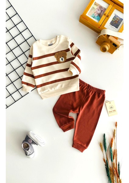 Neşeli Bebekler Ayıcık Nakışlı Desenli Çizgili Yakadan Çıtçıtlı Mevsmlik Takım Kiremit