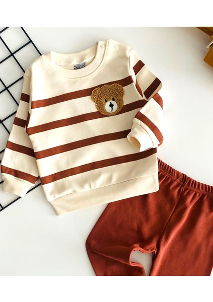 Neşeli Bebekler Ayıcık Nakışlı Desenli Çizgili Yakadan Çıtçıtlı Mevsmlik Takım Kiremit fiyatları