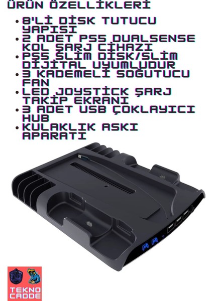 P5D-002 Ps5 Slim Disk/ps5 Slim Dijital Uyumlu Stand Şarj Cihazı Soğutucu Fan modelleri