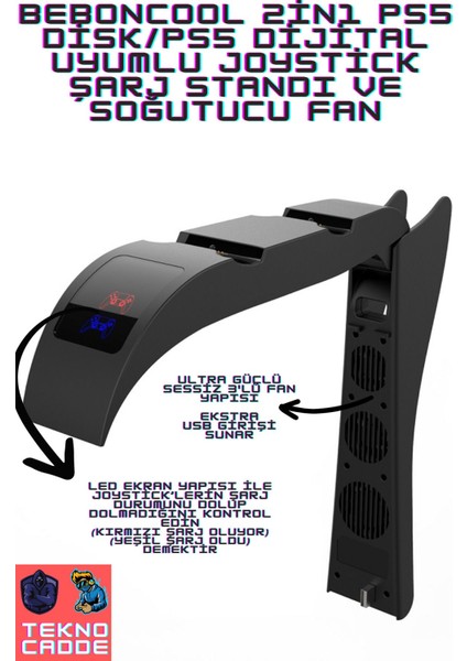 PG-P5015 2in1 Ps5 Disk/ps5 Dijital Uyumlu LED Ekranlı Joystick Şarj Soğutucu Fan