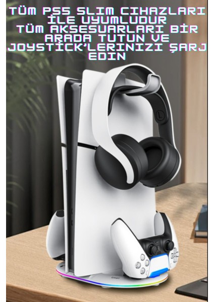 Ps5 Slim Disk/ps5 Slim Dijital Rgb Dikey Stand Kulaklık Tutucu Joystick Şarj Cihazı