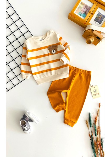 Neşeli Bebekler Ayıcık Nakışlı Desenli Çizgili Yakadan Çıtçıtlı Mevsmlik Takım Turuncu
