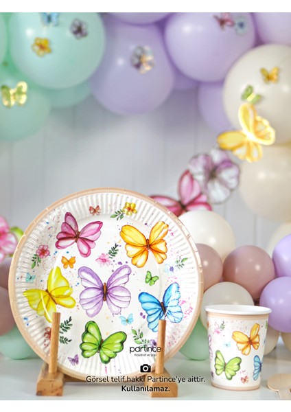 8 Kişilik Pastel Kelebek Çiçek Tema Kullan At Karton Popcorn Mısır Kutusu- Tabak-Bardak-Çatal Kaşık Bıçak Parti Seti fiyatları