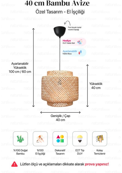 Tekno Trust Sinnerlig Bambu Avize 40CM- Iskandinav, Modern, Bohem, Rattan Avize, Aydınlatma