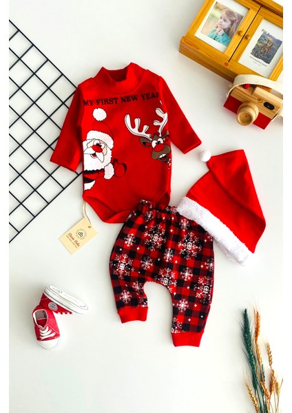 Neşeli Bebekler Noel Baba ve Geyik Baskılı Bereli Yılbaşı Takımı