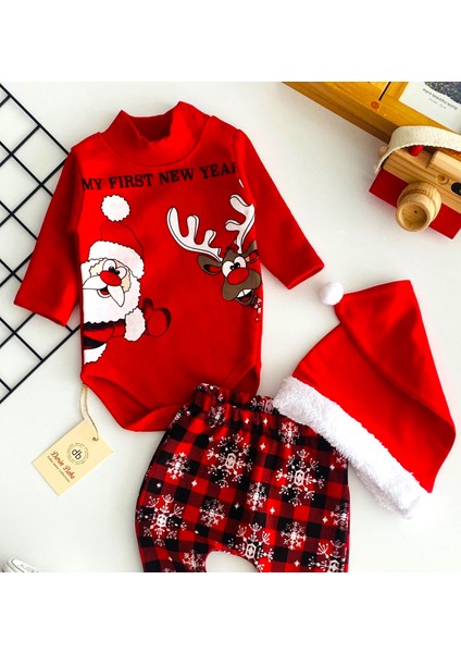 Neşeli Bebekler Noel Baba ve Geyik Baskılı Bereli Yılbaşı Takımı fiyatları