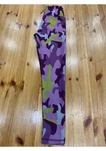 Morun Tonları Ile Sarı Benekli Kamuflaj Desenli Spor Tayt indirimleri