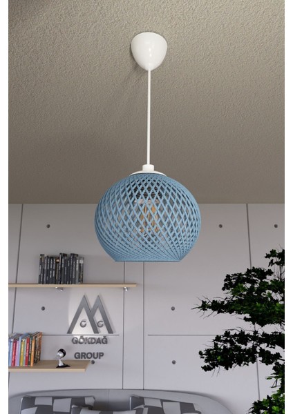 Mavi Sarkıt Top Avize, Ahşap Detaylar, 20x65 cm, Şık ve Modern Tasarım