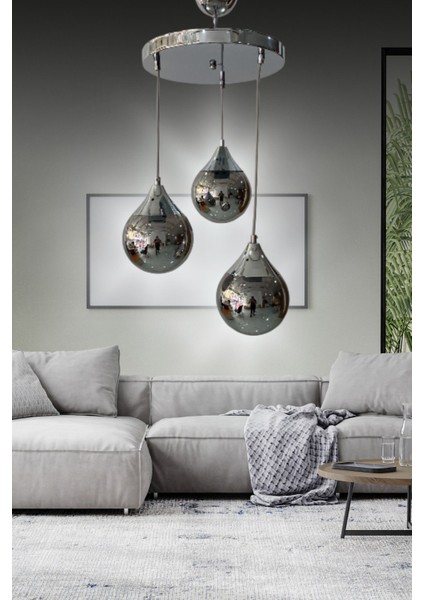 Tekno Trust Damla 3'lü Gümüş Detaylı Hakiki Glop Cam Lüks Avize - Yatak Odası - Salon - Mutfak - Hol