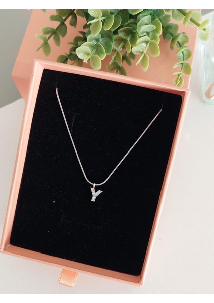 Çelik Silver Rodyum Kaplama Zirkon Harf Kolye Y Harfi