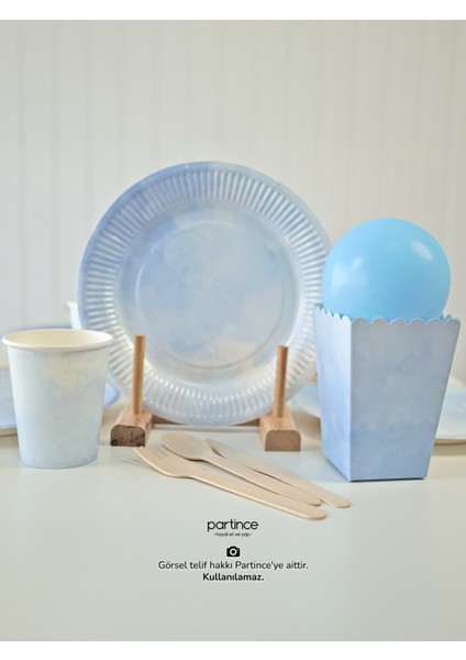 Pastel Mavi Renk Kullan At Tabak-Bardak-Çatal Kaşık Bıçak- Popcorn Kutusu 8 Kişilik Parti Seti Mavi Cinsiyet Partisi Tabak Seti fiyatları