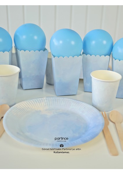 Pastel Mavi Renk Kullan At Tabak-Bardak-Çatal Kaşık Bıçak- Popcorn Kutusu 8 Kişilik Parti Seti Mavi Cinsiyet Partisi Tabak Seti fırsatları