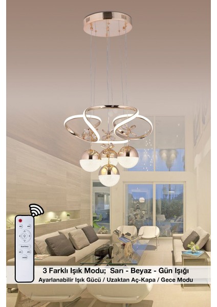 3 Renk Kumandalı ve Dimmerli Gold LED Kristal Avize, 4 Başlık, 50x100 cm