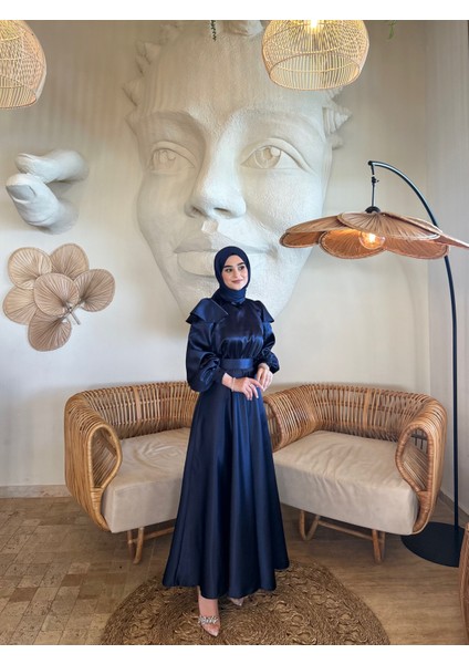 Lacivert Saten Tesettür Kadın Elbise – Uzun Kollu, Düz Desen, Astarsız, Özel Gün ve Davetlerde Şık Seçim fiyatları