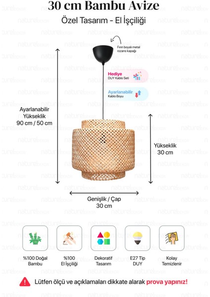 Tekno Trust Sinnerlig Bambu Avize 30CM - Iskandinav, Modern, Bohem, Rattan Avize, Aydınlatma