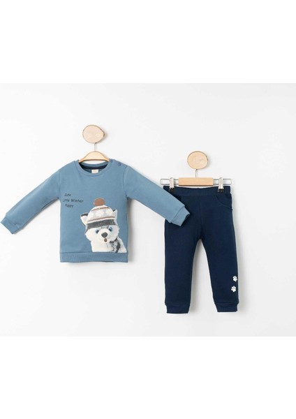 Organic Cotton Erkek Bebek Takımı - Şapkalı Kedicik Desenli