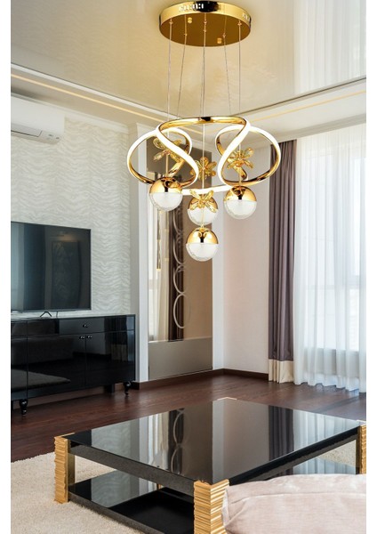 Tekno Trust Dimmerli Kumandalı 3 Renk Modern Kristal Taşlı Salon Mutfak Oturma Odası Avize Gold Sarı LED Avize