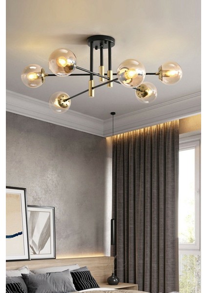 Modern Bal Glop Camlı Çapraz Model Altılı Siyah Avize