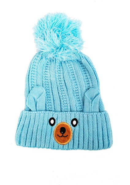 Yünlü Figürlü Ponponlu Çocuk Bere Mavi