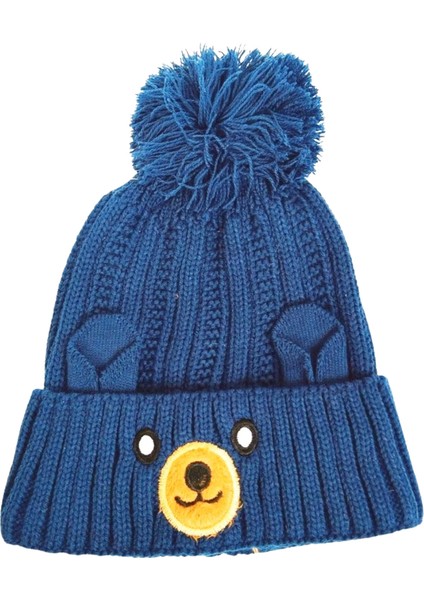 Yünlü Figürlü Ponponlu Çocuk Bere Koyu Mavi