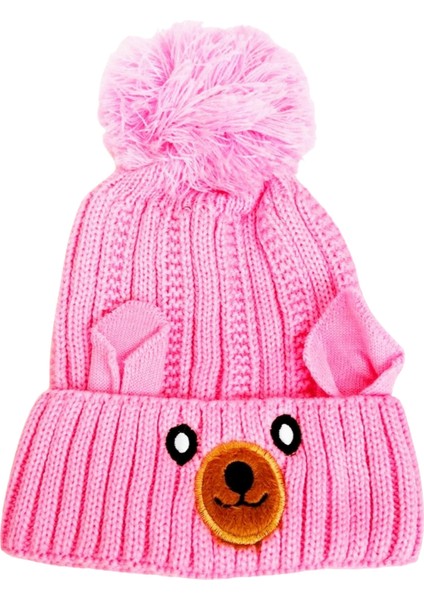 Yünlü Figürlü Ponponlu Çocuk Bere Pembe