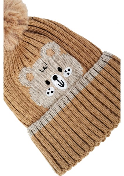 Yünlü Figürlü Ponponlu Bere Koyu Bej - Ayı fiyatları