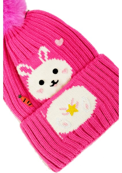 Yünlü Figürlü Ponponlu Bere Fuşya - Tavşan fiyatları