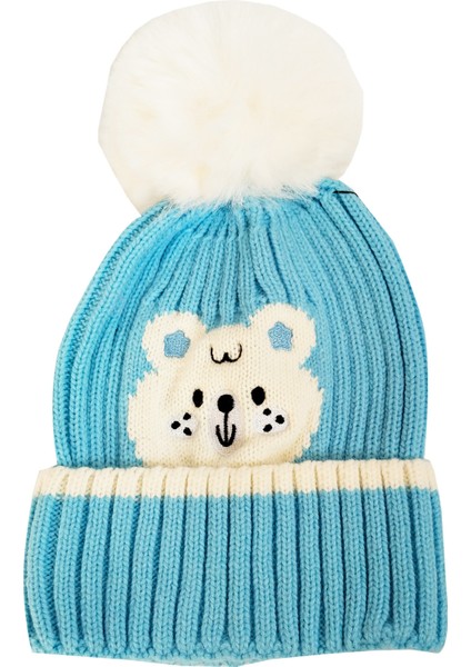 Yünlü Figürlü Ponponlu Bere Mavi - Ayı