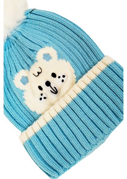 Yünlü Figürlü Ponponlu Bere Mavi - Ayı fiyatları