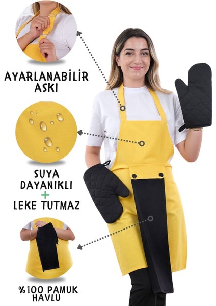 Renkli 4'lü Mutfak Önlüğü Seti, Havlu ve Eldiven Tutacak, 50x70, Pamuk Polyester, Sarı-Siyah