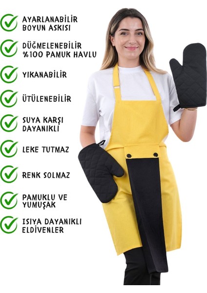 Renkli 4'lü Mutfak Önlüğü Seti, Havlu ve Eldiven Tutacak, 50x70, Pamuk Polyester, Sarı-Siyah fiyatları