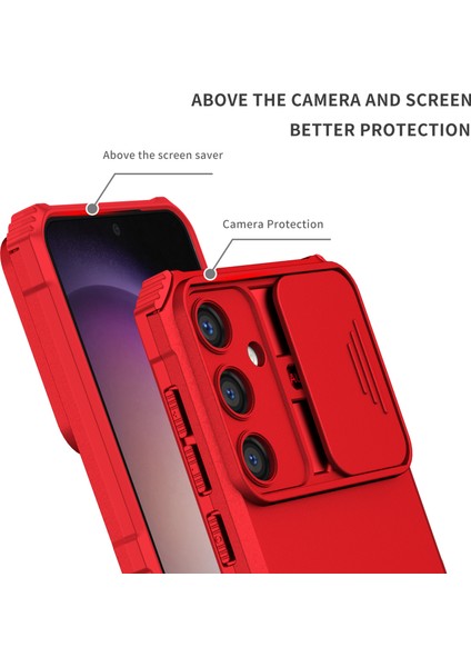 Samsung Galaxy S24+CEP Telefonu Kılıfları Için Slide Lens Shield Pc+Tpu Kickstand Kapak-Kırmızı (Yurt Dışından)