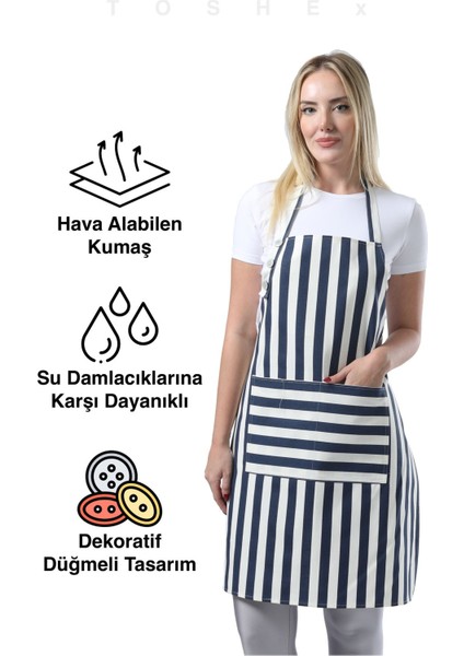 Su Geçirmez Mutfak Önlüğü, Çizgili Lacivert, 2 Cepli, 70x80, Pamuk Polyester