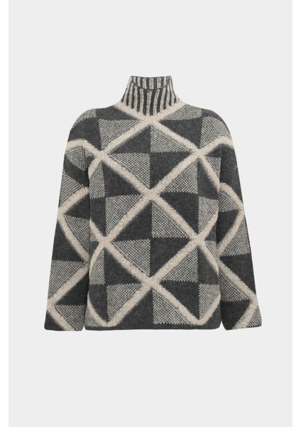 Premium Oversize Yün Karışımlı Geometrik Desen Kadın Triko Kazak