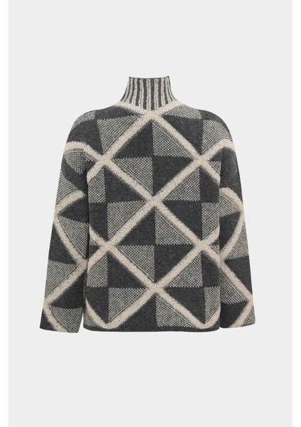 Premium Oversize Yün Karışımlı Geometrik Desen Kadın Triko Kazak fiyatları