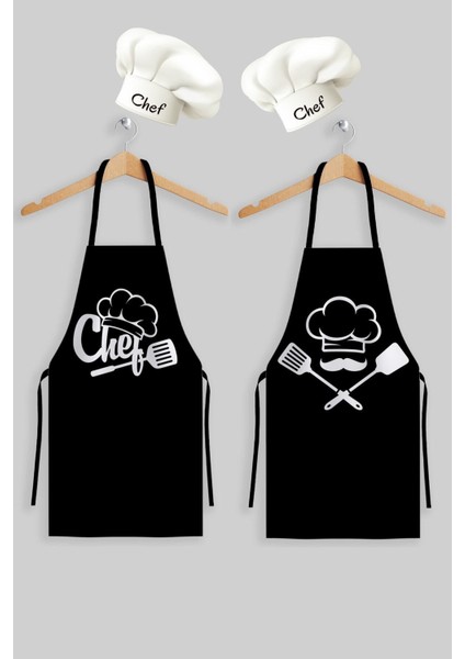 Mutfak önlüğü ve şapka seti, siyah, polyester, 55x70 cm, şef ve aşçı kullanımı için