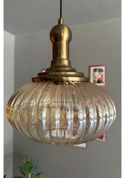 Bal Renkli Cam Tekli Avize, 30x30, Sarkıt, Restoran ve Salon Aydınlatması