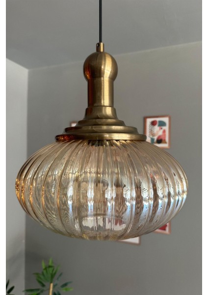 Bal Renkli Cam Tekli Avize, 30x30, Sarkıt, Restoran ve Salon Aydınlatması